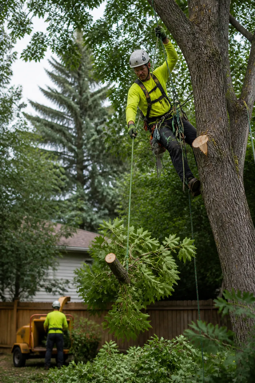 Professional arborist crew working on a residential tree