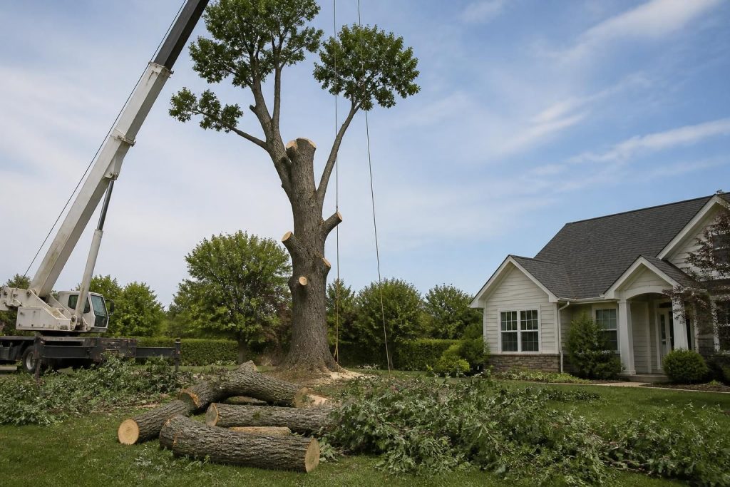 Tree removal scene beside a home in soft natural daylight.