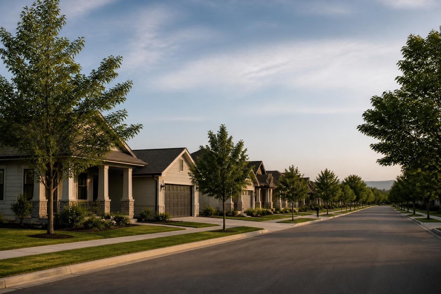 Quiet neighborhood street with healthy trees and open space.